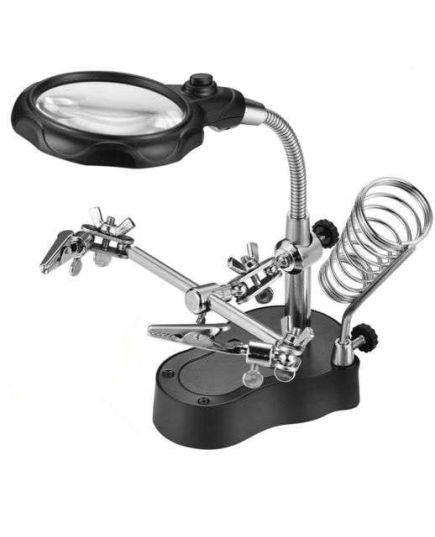 Third hand support with magnifying glass and LED lamp